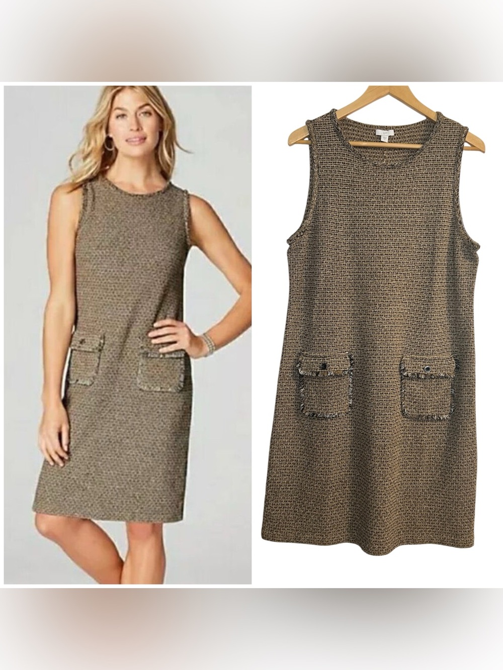 J. Jill Sleeveless Tweed Shift Pocket Dress in Brown